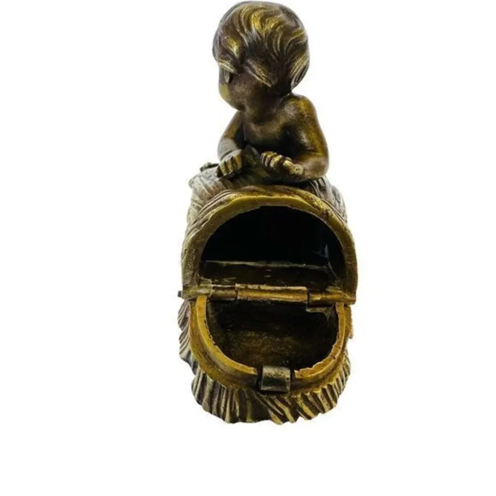 French Bronze and Gilt Metal Box Child & Bird On Wheat Bundle Vintage‎